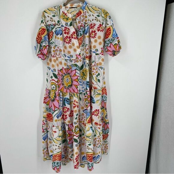 Women’s Short Puffer Sleeve Floral Fit and Flare Midi Dress size M - Picture 2 of 7
